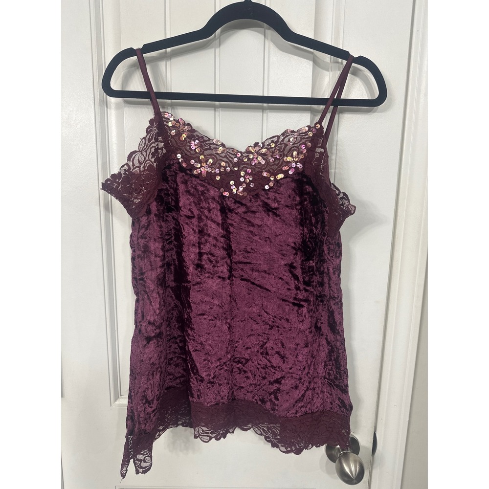 Y2K Periscope Plum Purple Crushed Velvet Lace Trim Sequin Camisole Top XL